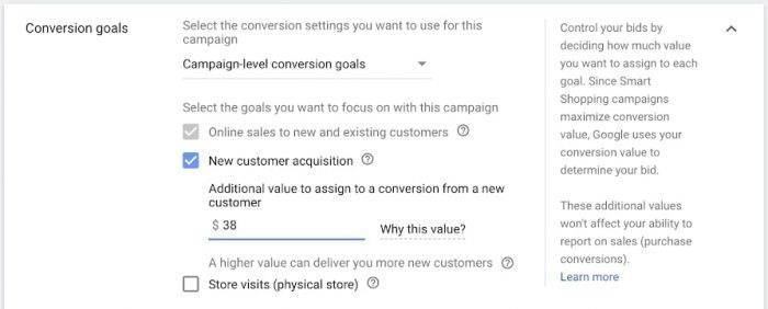 Set up new customer conversion reporting for smart shopping campaigns - google ads help